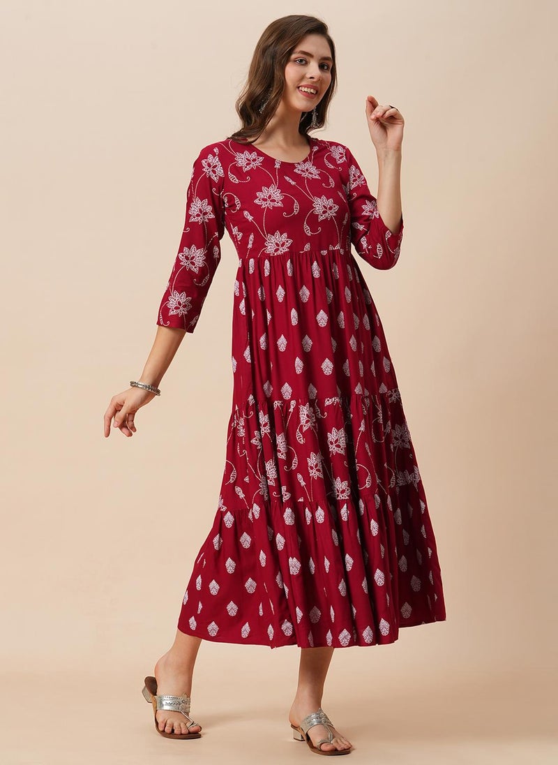 Globus Women Round Neck Floral Ethnic Print Gathered Tiered A-Line Midi Dress - Image 3
